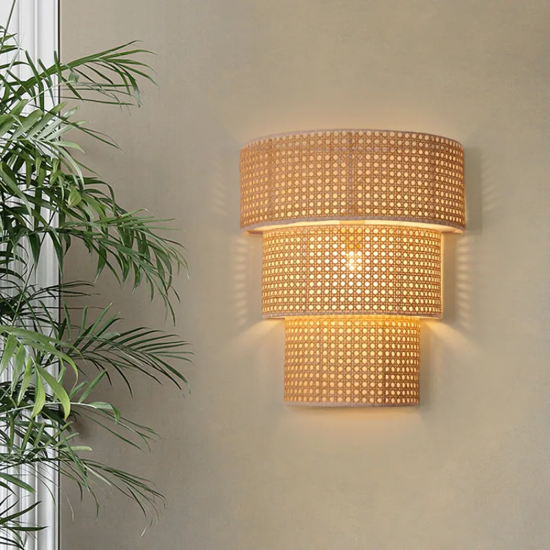 Vintage Handmade Rattan Led Wall Sconce for Bedroom Living Room Backdrop Decorative Aisle Corridor Light Indoor Lighting Fixture