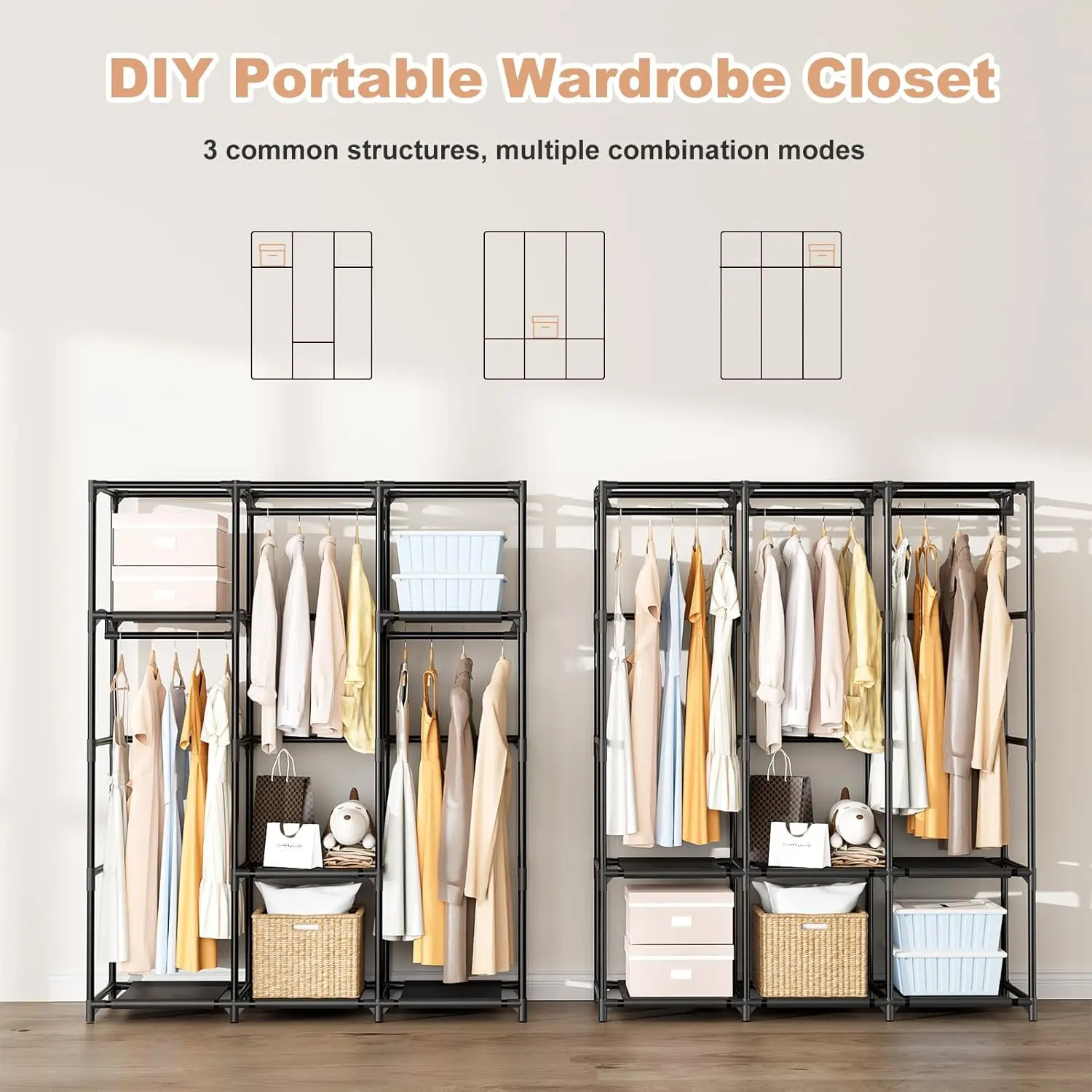 Wardrobe Closet Portable Closets for Hanging Clothes Large Capacity Clothes Rack with Cover, 3 Hanging Rods, 6 Shelves and 8