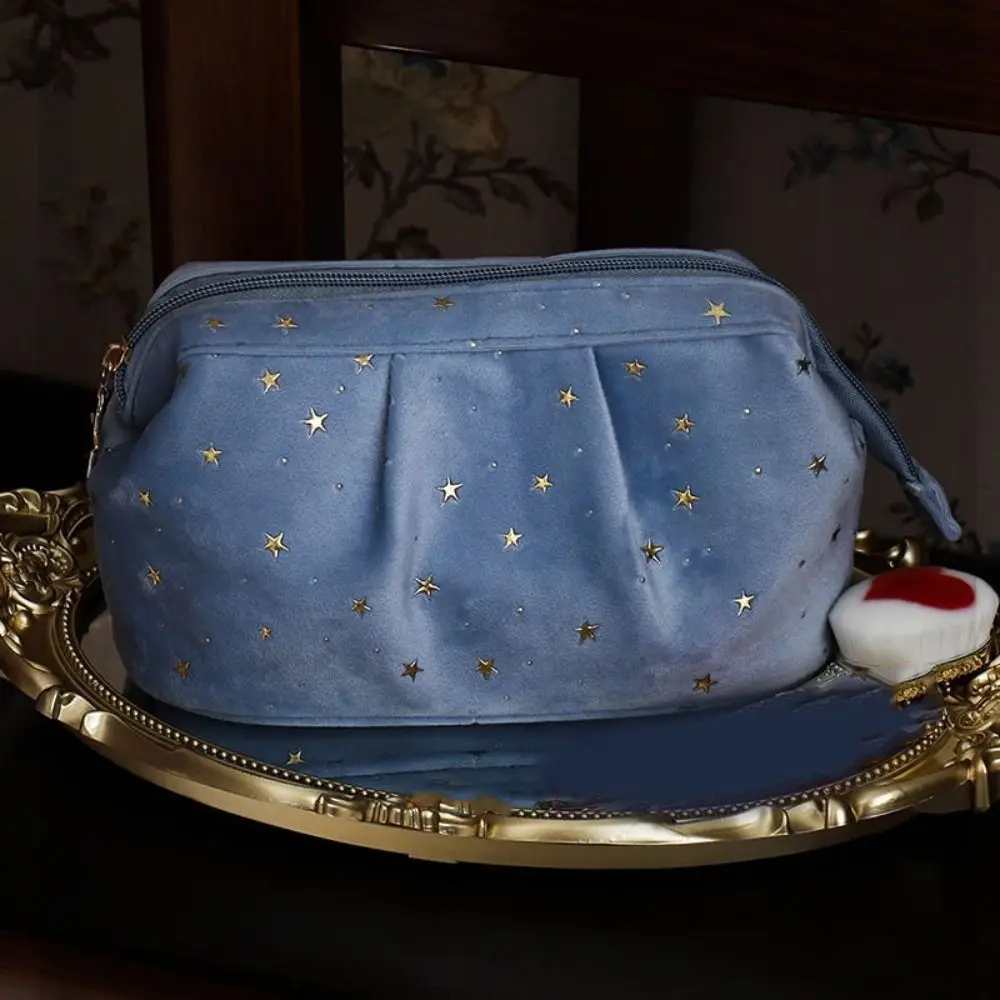 Bronzing Stars Velvet Cosmetic Bag Large Capacity Zipper Travel Toiletry Bag Wash Pouch Handbag Desktop Storage Bag Wash Face