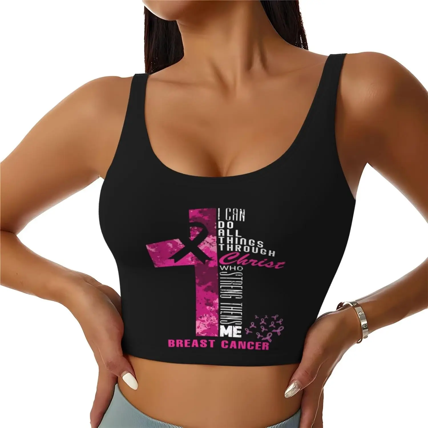Cross Pink Ribbon Women Sports Bras Yoga Crop Tank Tops Exercise Vest Workout Running Top Removable Pads Outfits