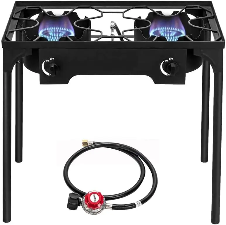 2 Burner Outdoor Portable Propane Stove Gas Cooker, Heavy Duty Iron Cast Patio Burner with Detachable Stand Legs for Camp