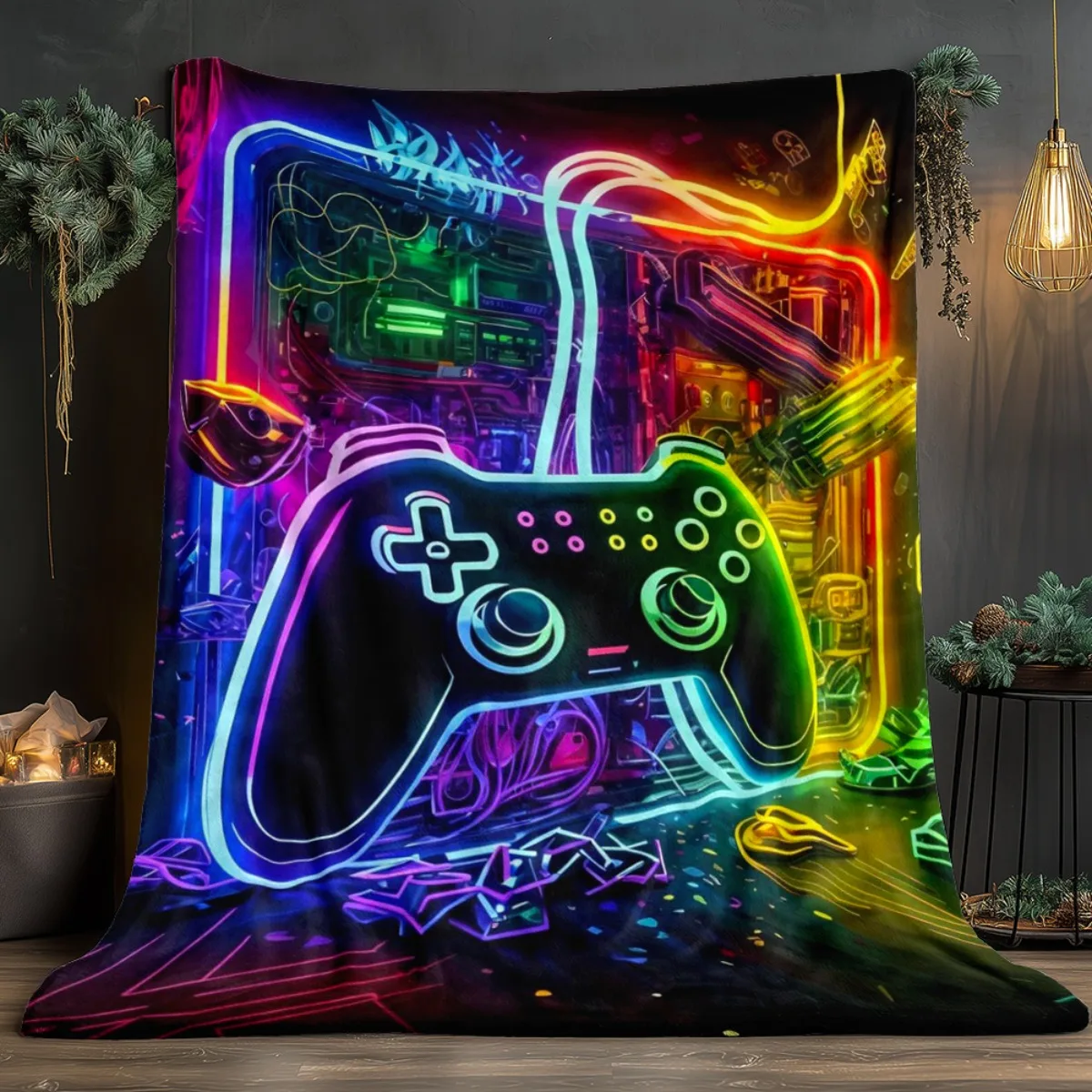 Neon game controller pattern Flannel printed blanket suitable for all seasons suitable for living room office sofa travel