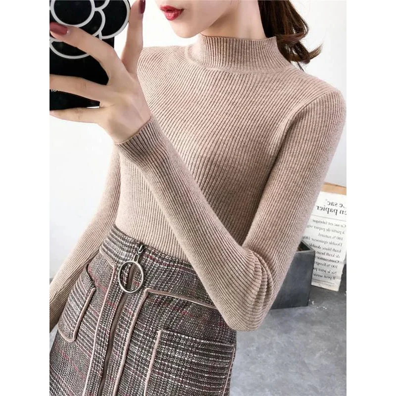 Autumn Winter mock neck women sweater vintage basic solid knitted tops casual slim pullover Korean sweaters simple chic jumpers