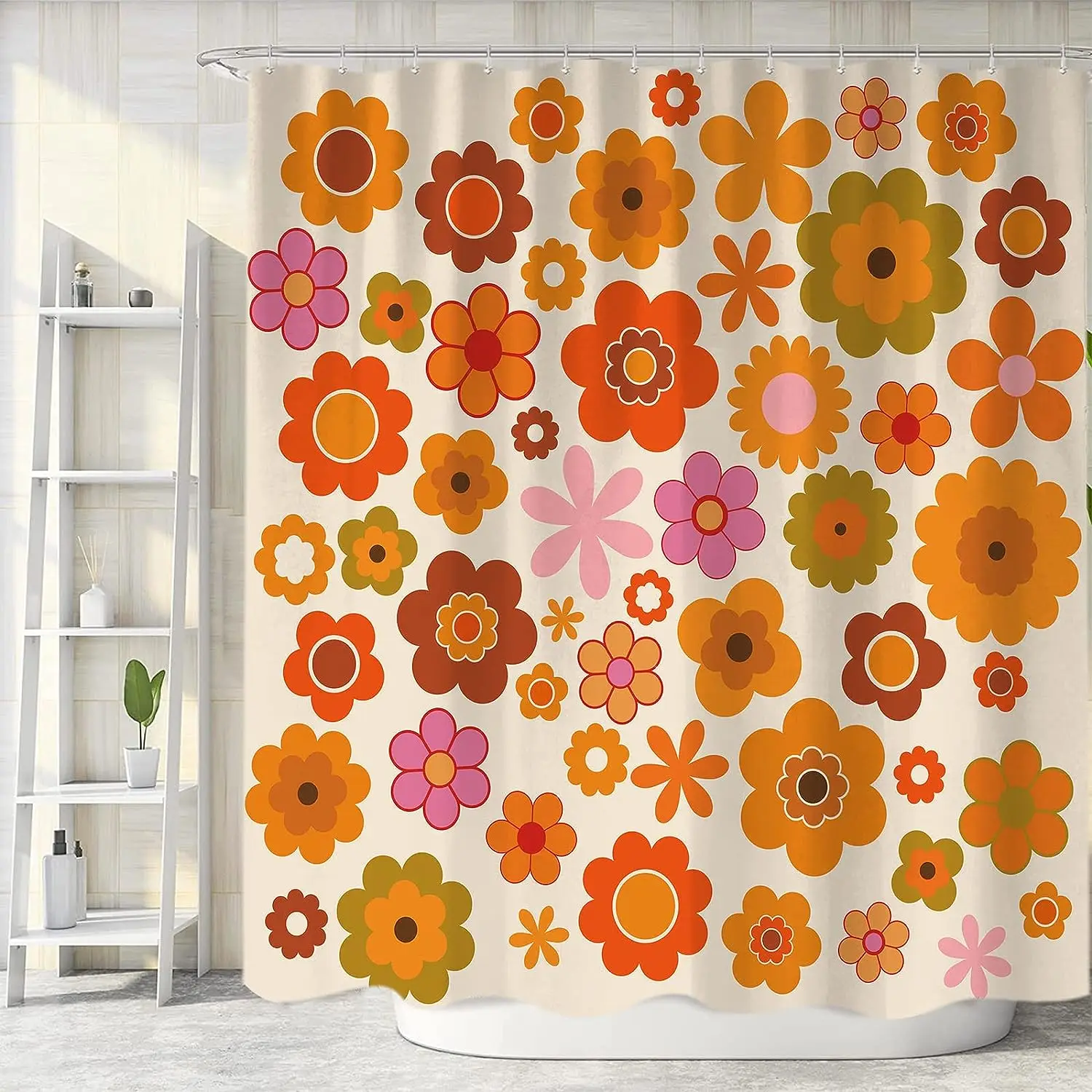 Retro Flowers Shower Curtain Groovy Brown Orange Sun Flower Vintage 70s Fabric Shower Curtains Set for Bathroom Decor 72x72 Inch