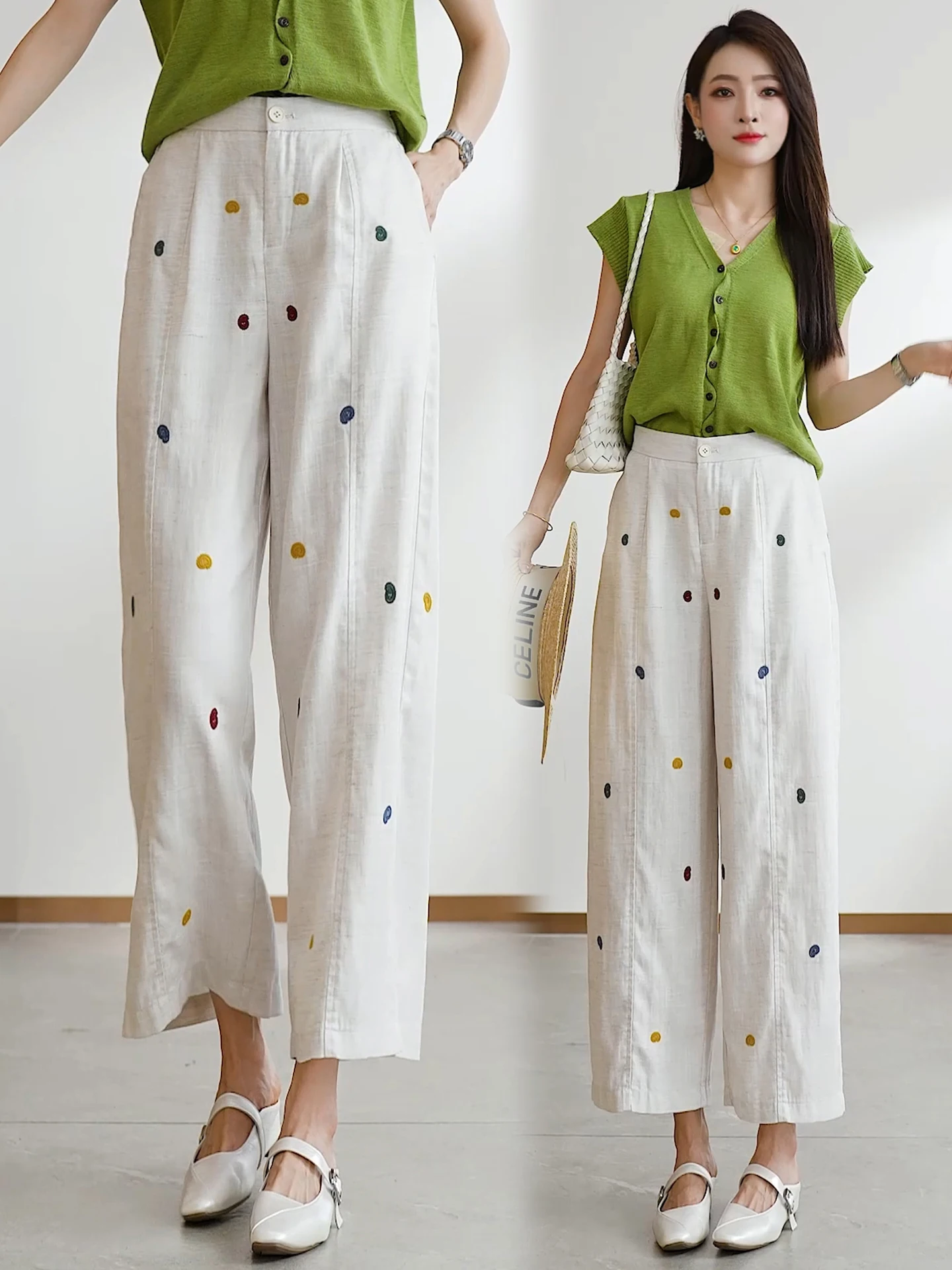 

High Waist Linen Wide Leg Pants Women Summer Thin New Small Size Loose Embroidery Pants Casual Comfortable Breathable