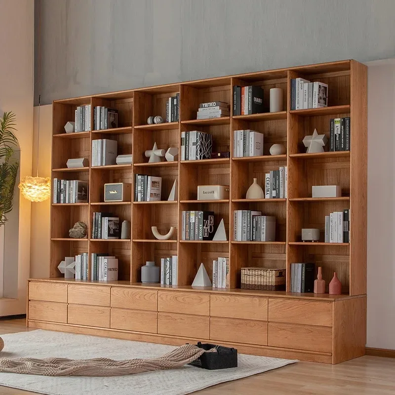 Simple Japanese log living room library whole wall storage bookcase