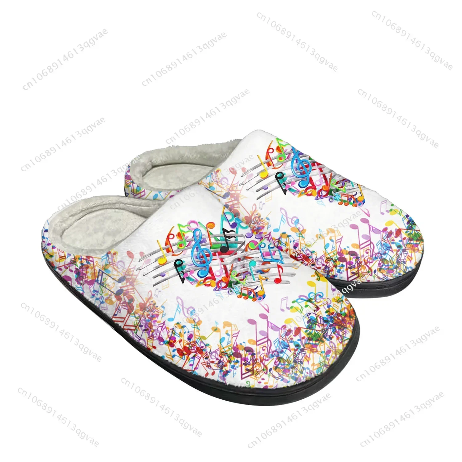 Sandal selop katun pria dan wanita, sandal termal pola kartun catatan musik, kamar tidur, sepatu hangat