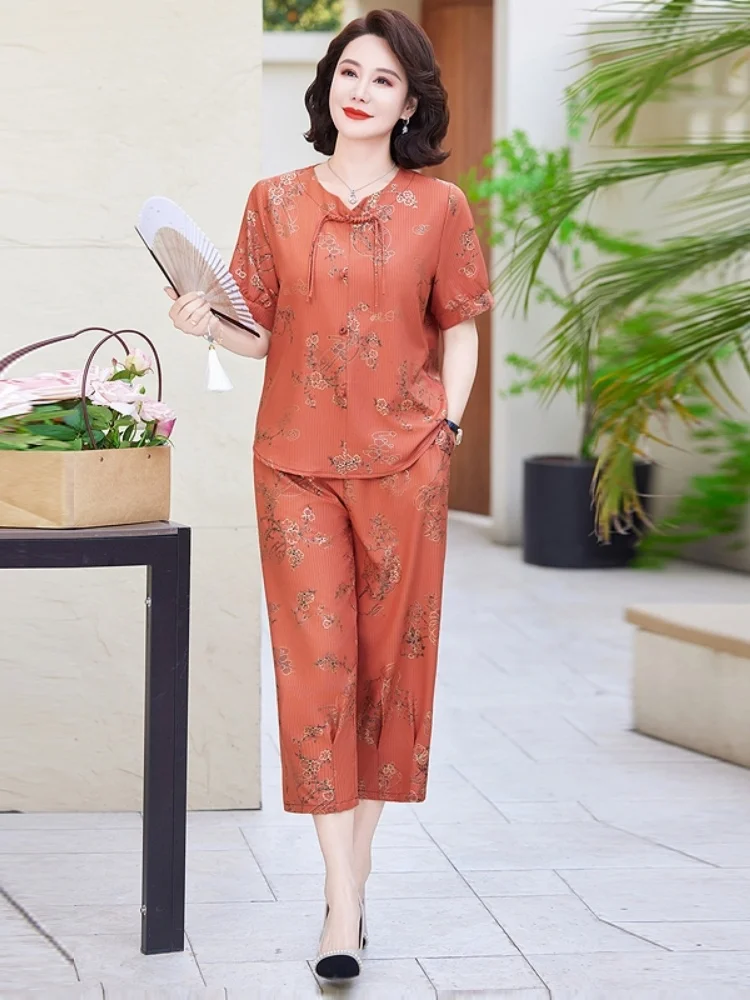 

New Chinese Sle Summer Faionable ort Sve Two-Piece Set Casual Mommy Clothes Middle-Aged And ly Women's Clothing