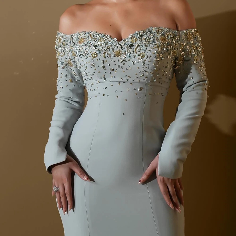 Elegantes schulterfreies Abendkleid mit Kristall-Pailletten, langen Ärmeln, Abendkleid, Meerjungfrau, bodenlang, formelles Partykleid, individuell gestaltet