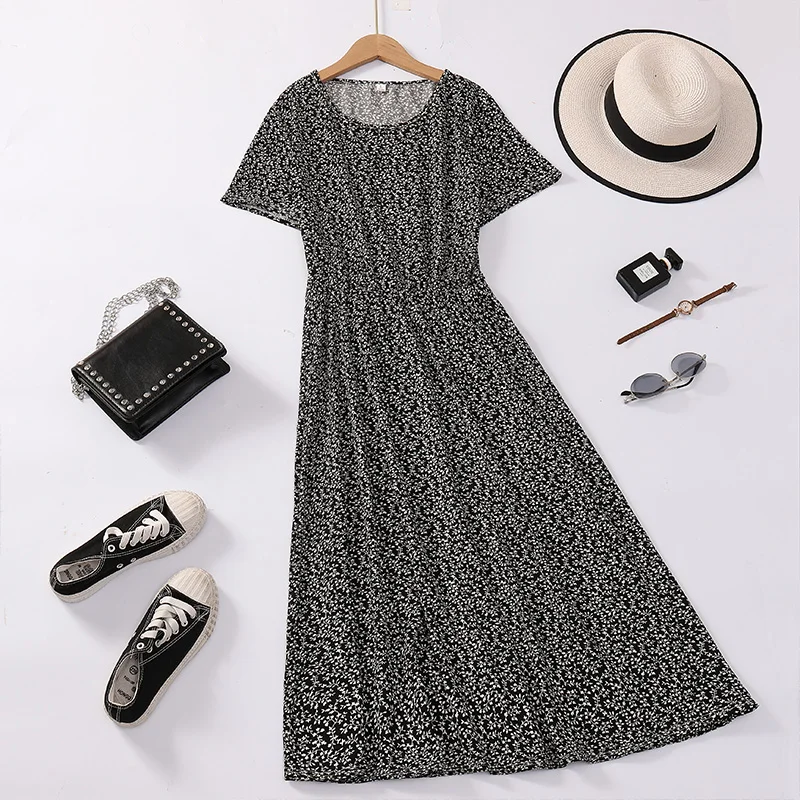 

Платье миди с цветочным принтом, модная универсальная женская одежда больших размеров, летняя новинка, стройнящая длинная юбка в стиле Mommy.