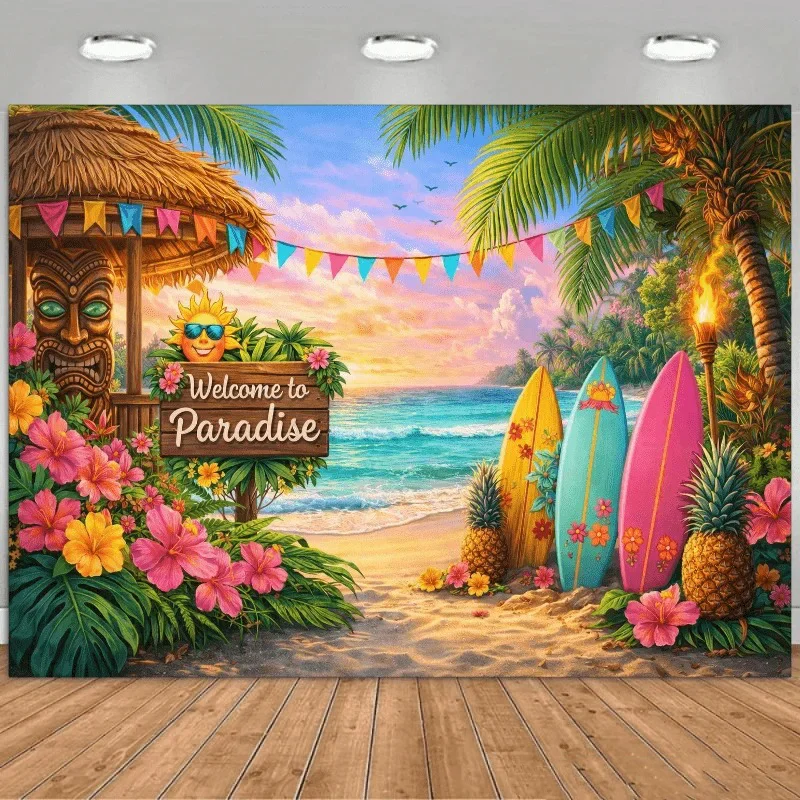 Hawaiianische Luau-Party-Kulisse, Tropischer Strandparadies-Hintergrund mit Tiki-Hütte, Surfbrettern & Ananas für Sommerpartys – Detail 1