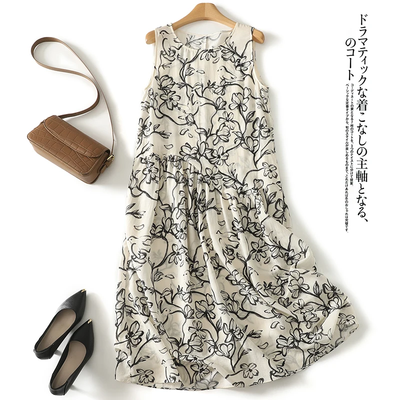 Women Long Dress Ink-dyed Floral Print Vest Sleeveless Loose Casual Beach Boho Dress 2025