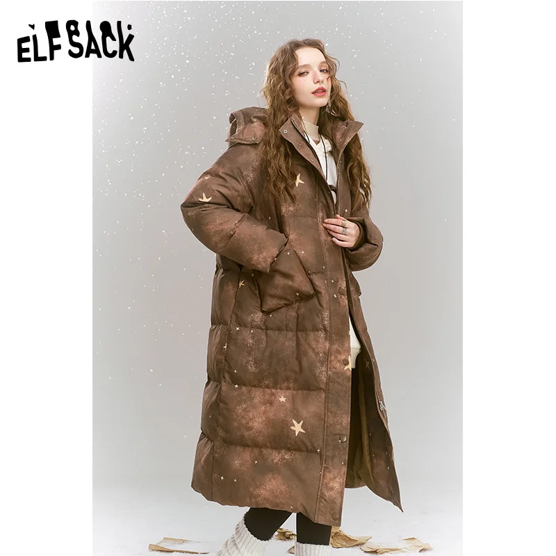 ELFSACK 2024 Winter New Arrivals Maillard Vintage coffee print warm hooded long down jacket