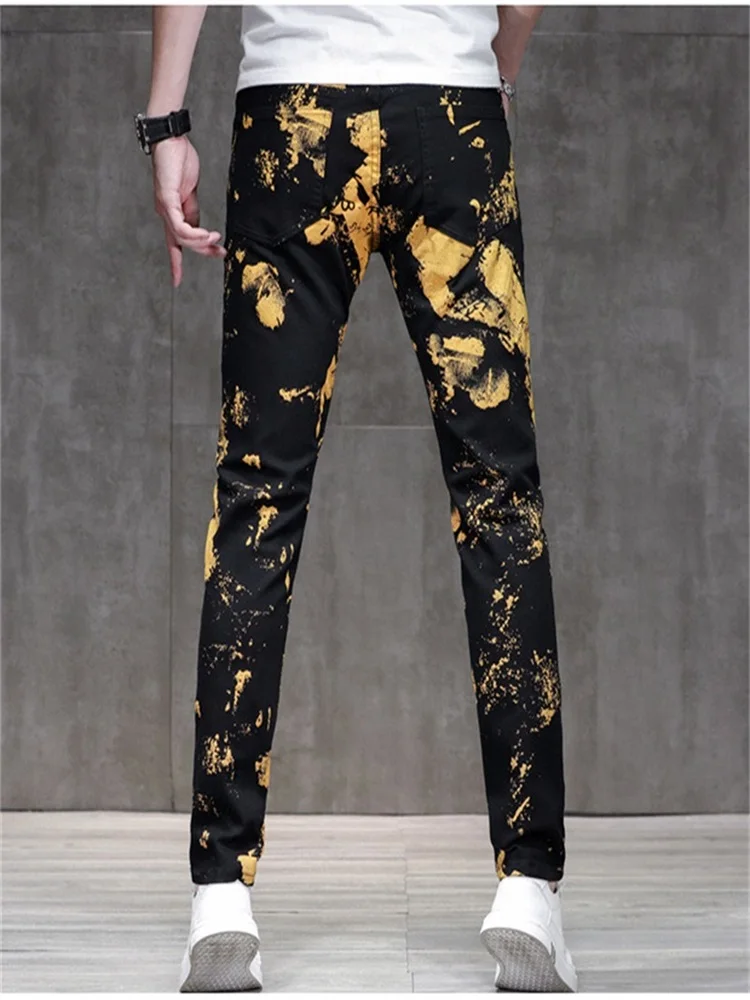 Winter Yellow And Black Men's 3D Text Jeans Men's Marble Decoration Fashionable Straight Tube Gradient Color Pants Slim Fit 024