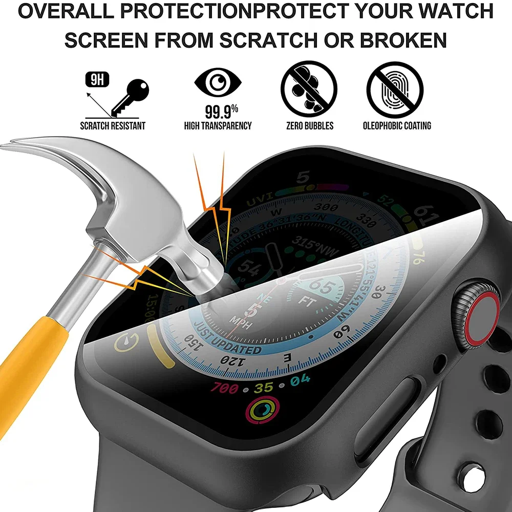 Kaca privasi + casing untuk Apple Watch 45mm 41mm 44mm 40mm pelindung layar Anti-Peeping Tempered untuk iWatch 8 7 6 5 4 SE 9 penutup