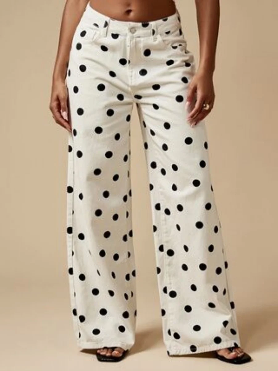 미국 스타일 레트로 물방울 무늬 프린트 와이드 레그 데님 팬츠 여성용, 2025 루즈 스트레이트 캐주얼 바지