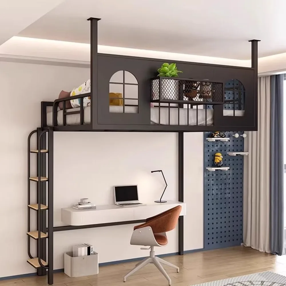 Space Saving Metal Loft Bed Modern High Sleeper Frame Minimalist Wall Mounted Bunk for Small Room Iron Hanging Bed