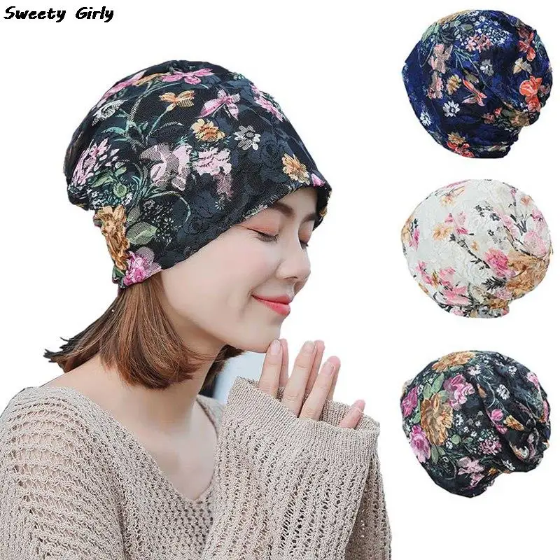 Autumn Spring Thin Women Skullies Beanies Lady Fashion Floral Lace Design Hats For Girl Hot Feminino Turban Caps шапка женская