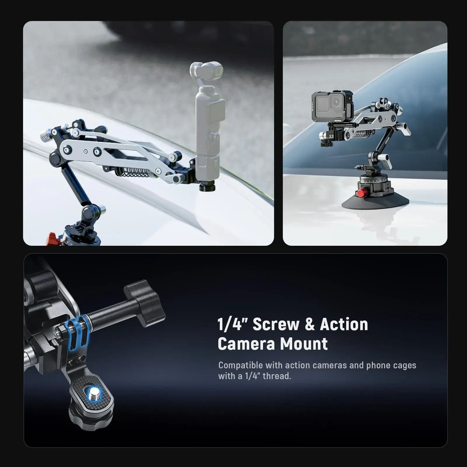 Neewer Car Suction Cup Hydraulic Boom Arm with Vacuum Mount Quick Release NATO Rail 360 Pan Base for Action Camera
