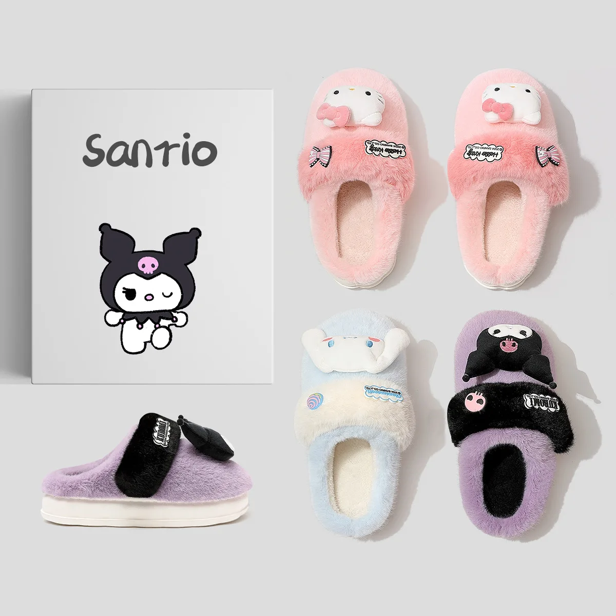 Super Cute Winter Cotton Slippers Warm Antislip Sweet Shoes Kuromi Hello Kitty Cinnamoroll Soft Comfortable