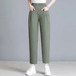 Spring Autumn Women's Clothing Solid Color Elastic High Waisted Pockets Button Casual Trousers Straight Pencil Office Lady Pants