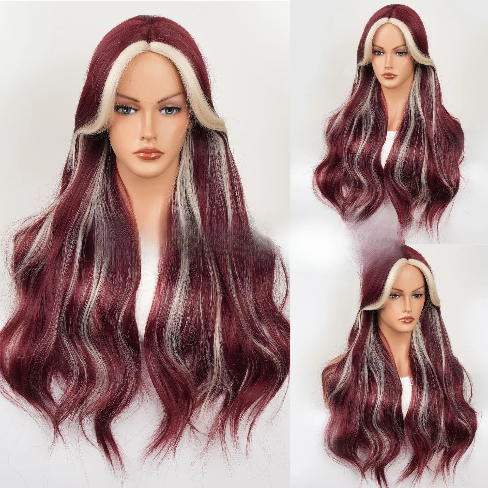 

Новый парик, женский восьмизначный челка, длинные вьющиеся волосы, бордовые блики, белый парик с большой волной, головной убор