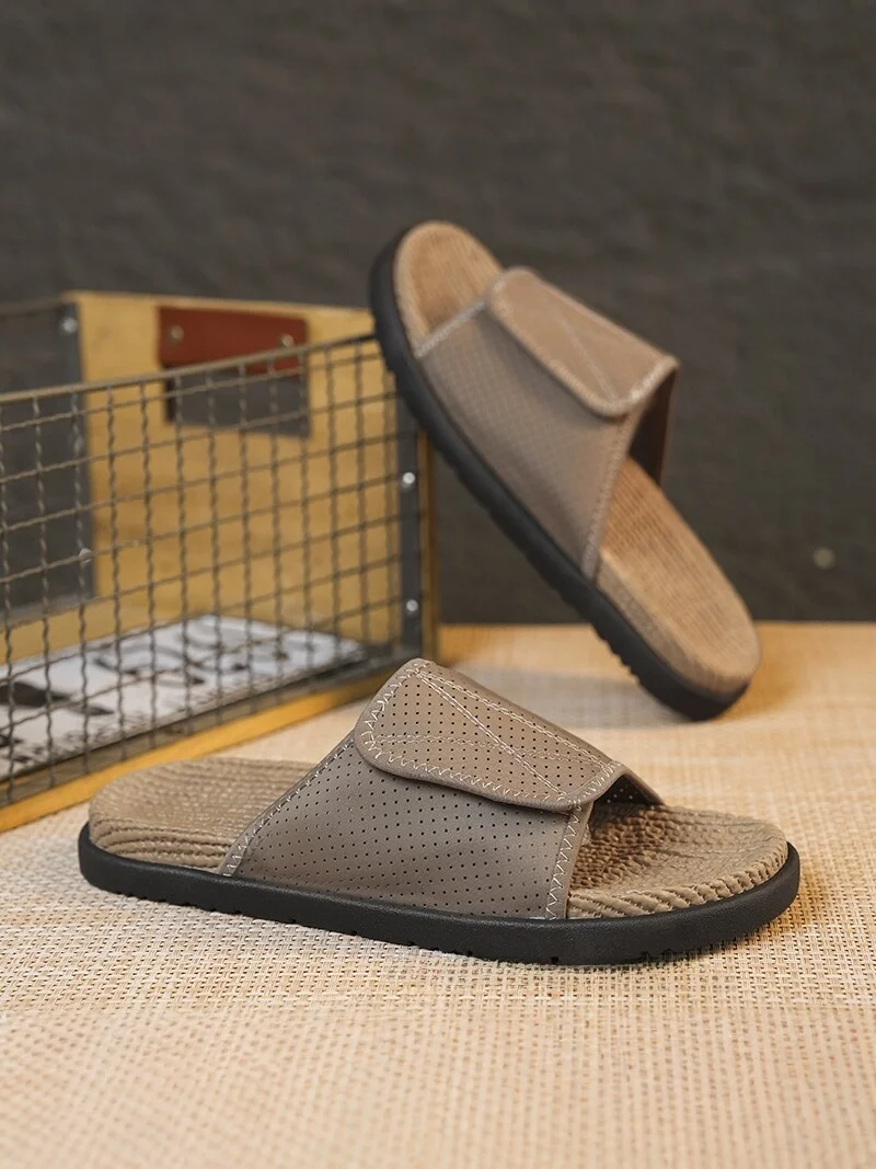  Men's Summer Outdoor Sandals Trendy Magic Tape Woven Anti-slip Beach Sports Slippers Casual Canvas Slip-On Shoes