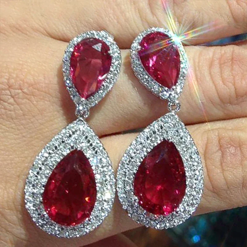 Luxury Pear Shape Red CZ Drop Earrings Women for Wedding Anniversary Party Silver Color Sparkling Hanging Earring Luxury Jewelry