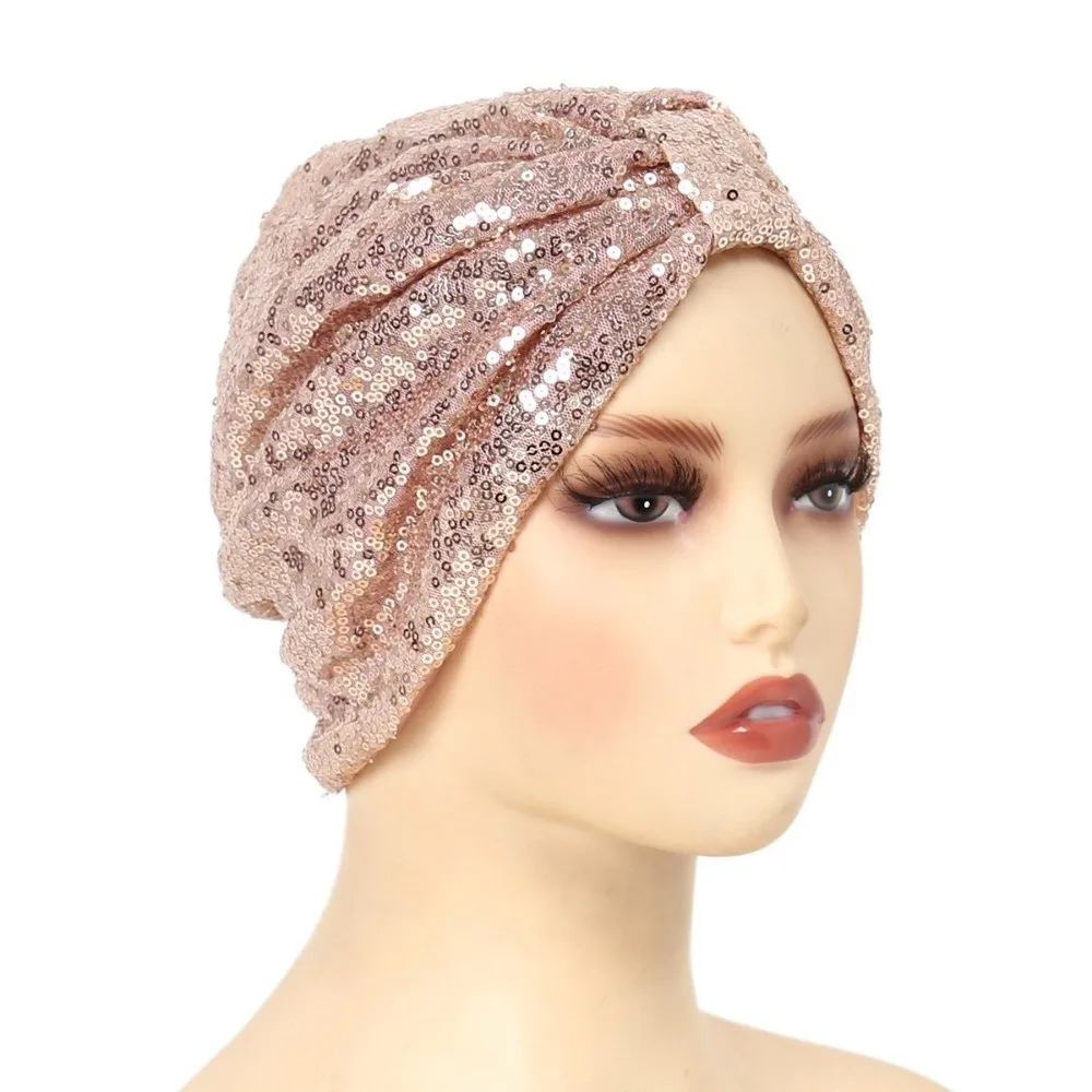 

Elegant Ramadan Muslim Sequin Turban Cap Headwear Solid Color Ladies Head Wrap Headwrap Hijab Hat Women