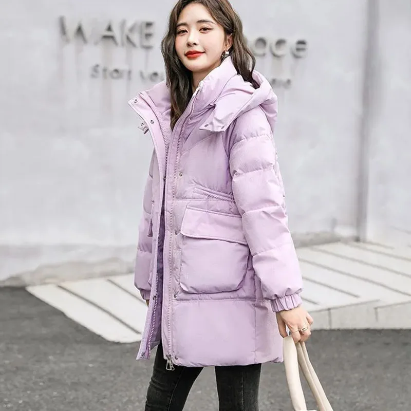 New Womens Down Cotton Coat Winter Warm Padded Jacket Long Detachable Hooded Parker Outerwear Female Casual Cotton Clothes Khaki