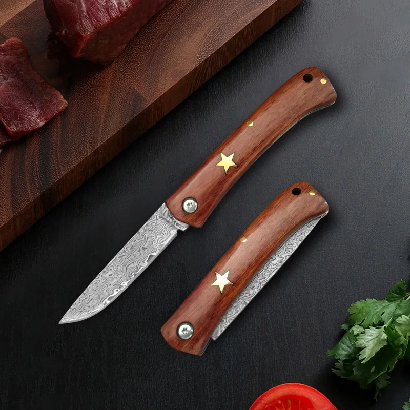 Folding Knife Damascus Steel Hand Forge Wood Handle Utility Kitchen Knives Slicing Meat Paring Fruit Boning Knife Folding Knives