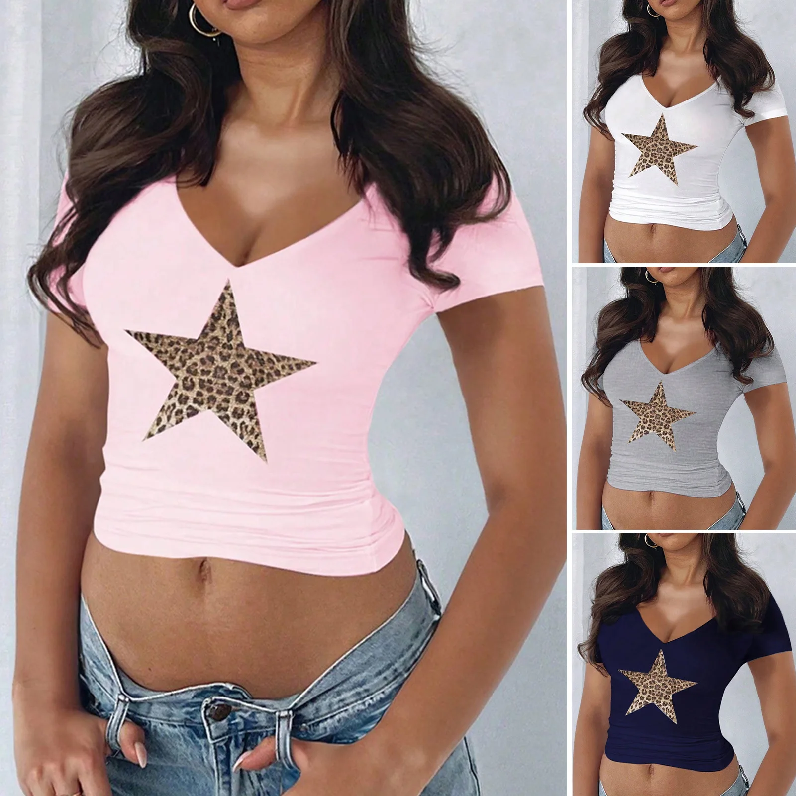 

2025 Spring and Summer Female Sexy V-neck Slim Leopard Print Five-pointed Star T-shirt Short-sleeved Top Vintage Clothes