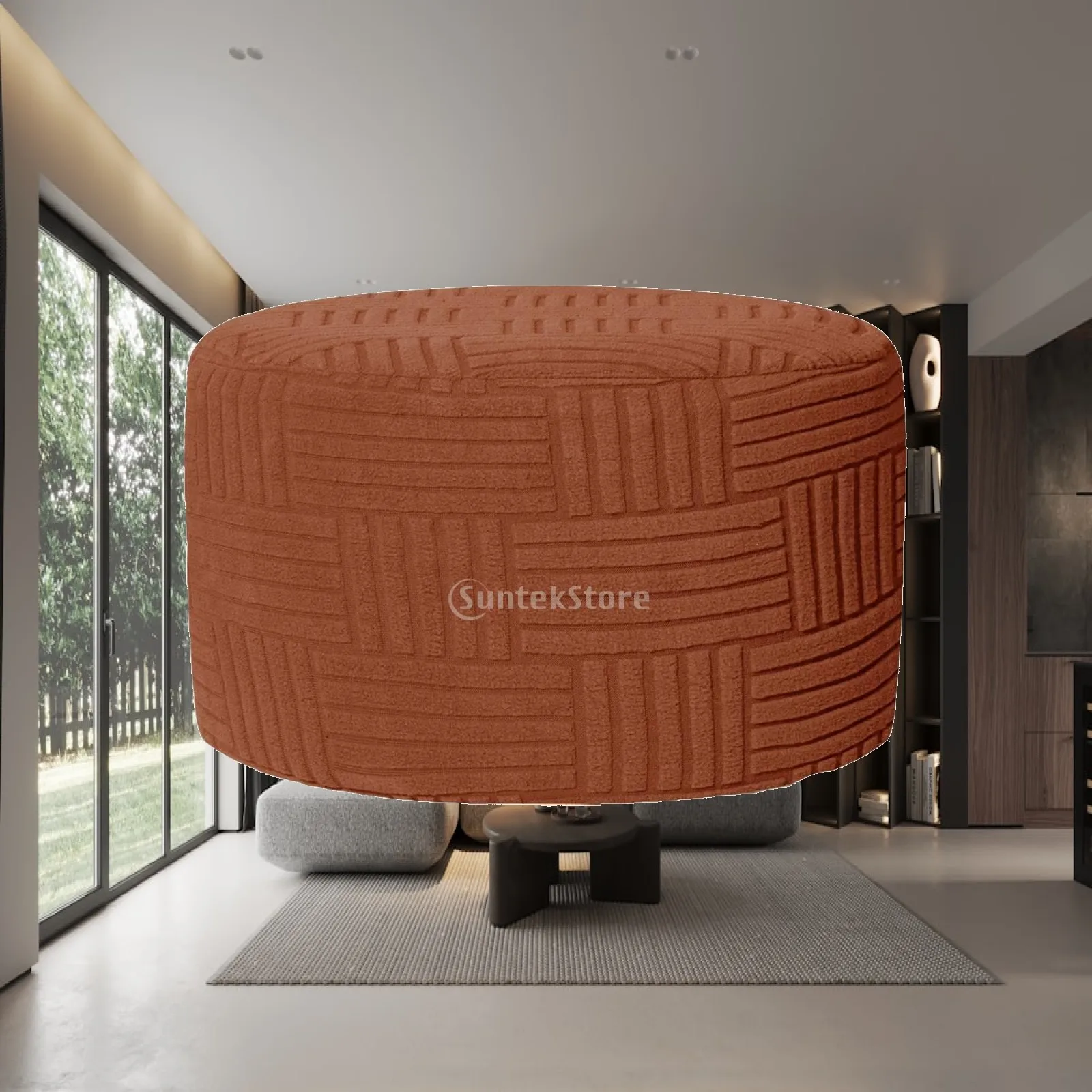 Dustproof Round Ottoman Cover | Textured Geometric Pattern, Protective Polyester material, Round Ottoman Slipcover, for Living