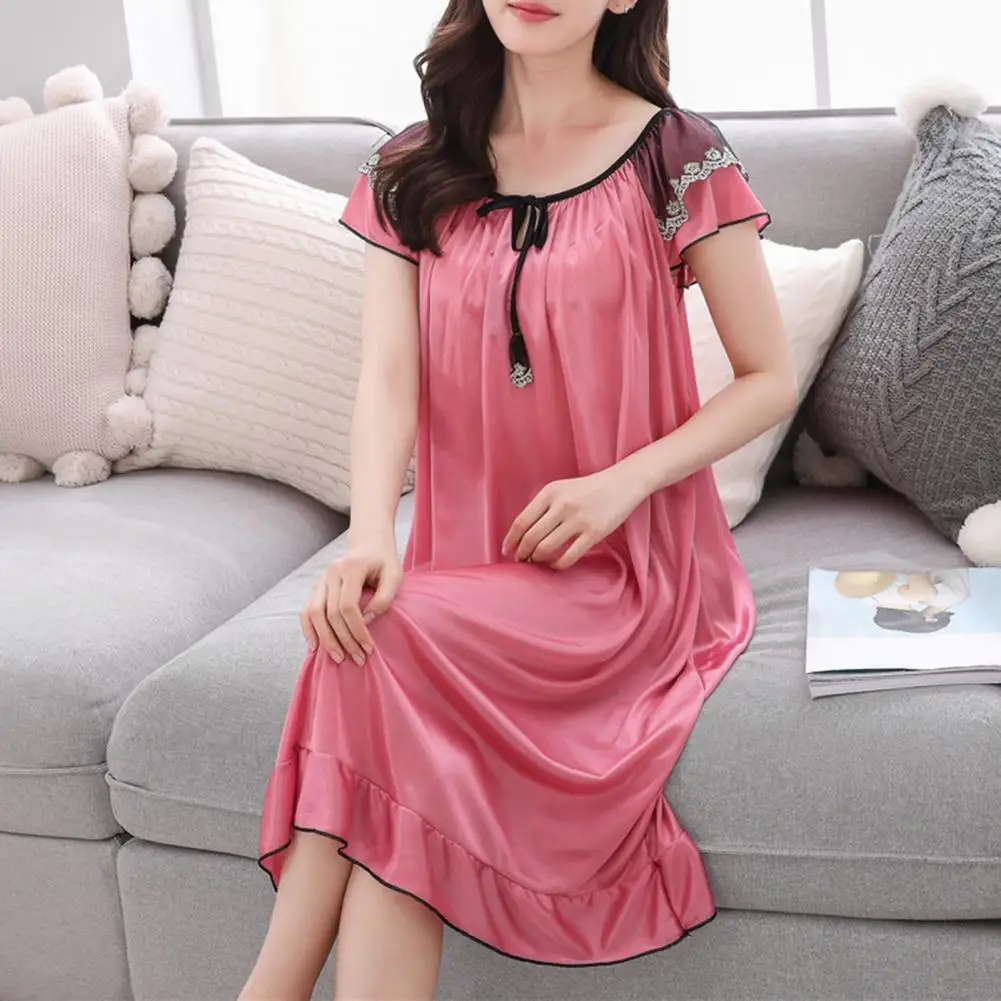 Satin Pajama Dress Women Lounge O-Neck Lace-up Short Sleeve Thin Sleeping Dress Ruffle Hem Summer Nightdress