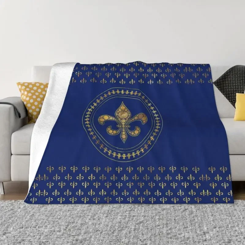 Fleur De Lys Gold And Royal Blue Blankets Soft Flannel Sprint Fleur De Lis Lily Flower Throw Blanket for Couch Travel Bedding