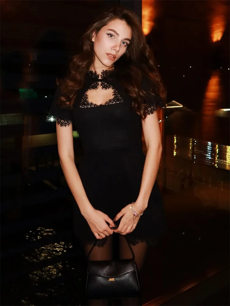 토시 블랙 레이스 홀로우 아웃 미니 드레스 여성 패치워크 반팔 섹시 하이웨이스트 파티 드레스 여성 캐주얼 프린트 드레스