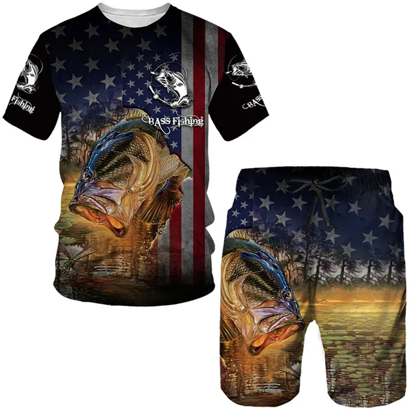 Summer Beach Men\'s Tshirt Set 3D Print Animal Fish Men Woman Round Neck T-Shirt Shorts Two Piece Set Casual Man Suits Clothing