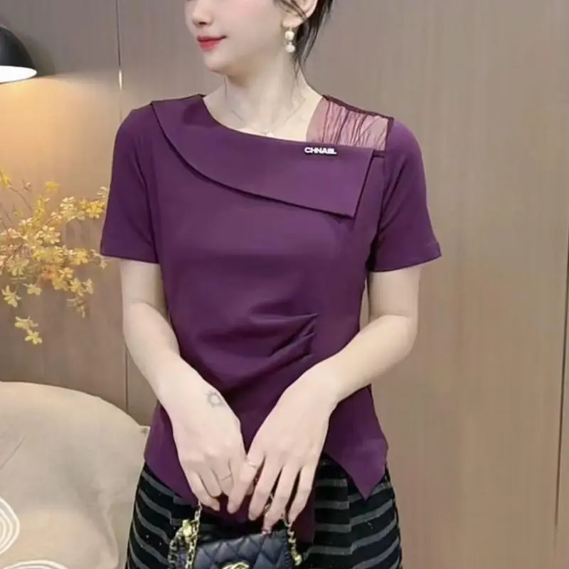 

Летняя футболка с короткими рукавами и нерегулярным разрезом, новый стиль, сетчатая талия, свободный утягивающий модный топ для женщин