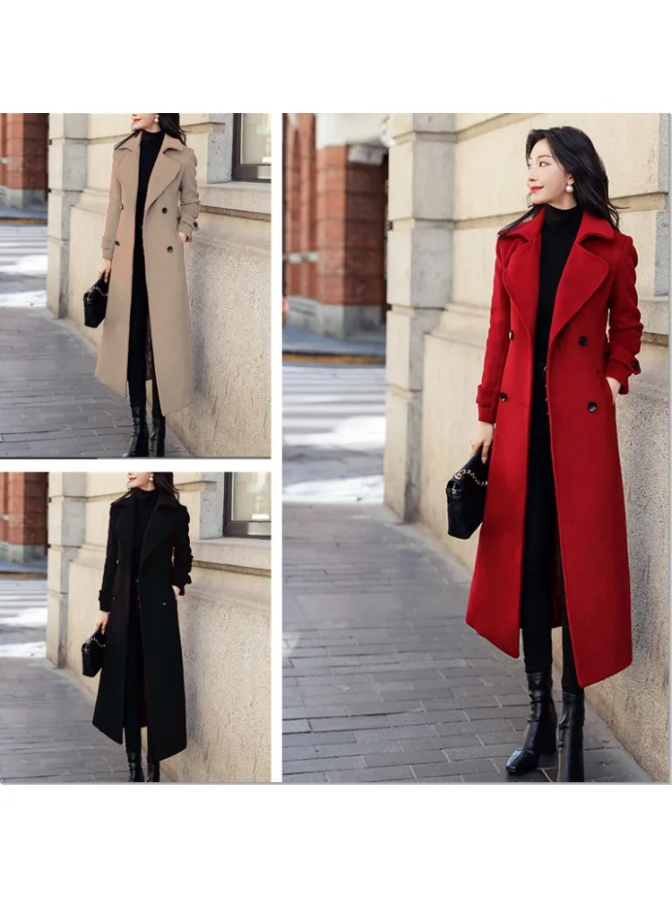 Freeacy 2024 Autumn and Winter New Women's Coat Solid Color Lapel Long Sleeve Woolen Coat Buttoned Stylish Long Outerwear