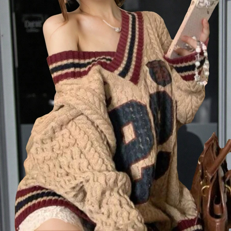 

Women Print Sweaters Pullovers Knit Loose Midi Length Jumpers V Neck Full Sleeve Casual Thick Warm Sweater Lady Autumn Winter