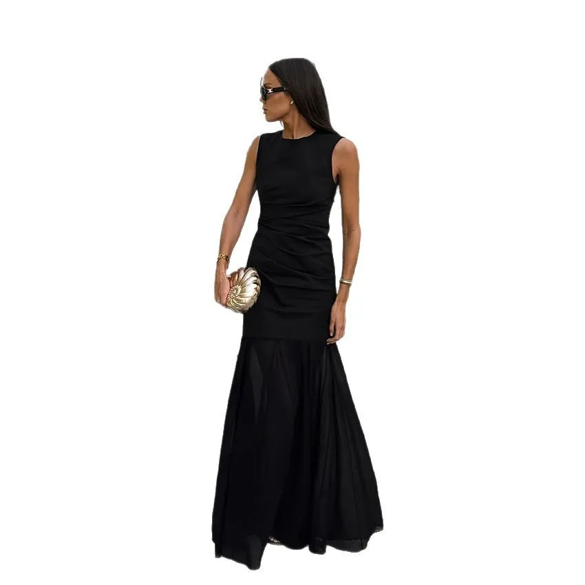 2025 Summer Fashion High-end Sleeveless Black Sexy Backless Round Neck Dress French Mesh Splicing Long Skirt
