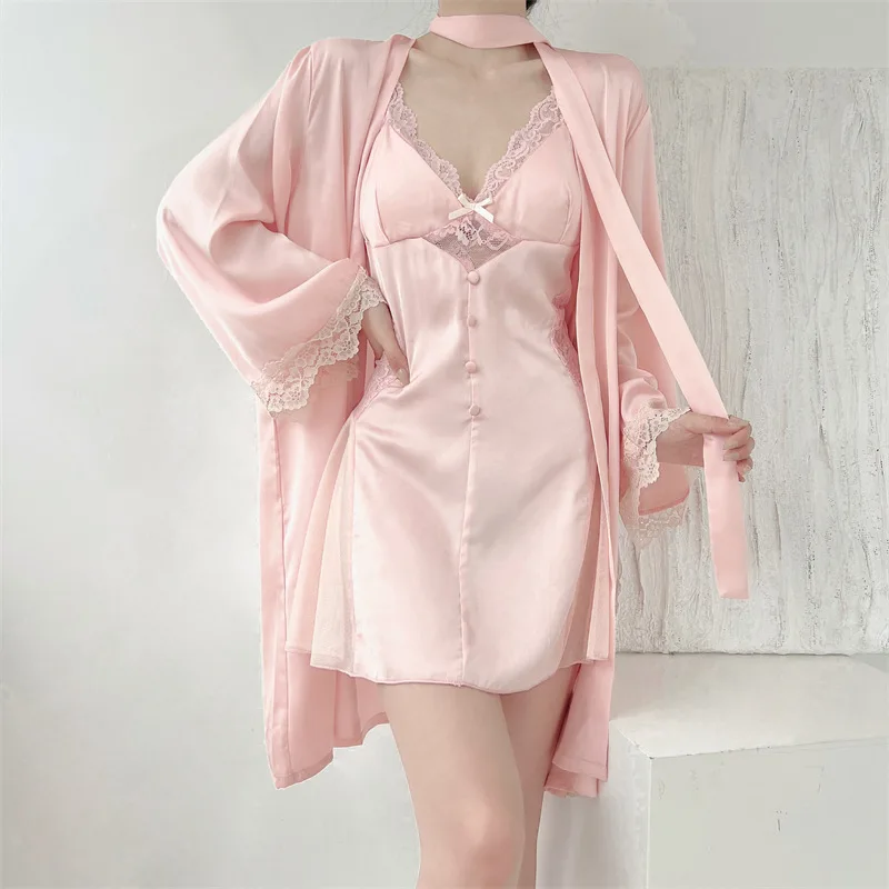 Women\'s Two Pieces Robe & Gown Sets Women Silk Satin & Lace Nightgowns Female Robe Nightdress Sleepwear Luxury Lingerie Suits