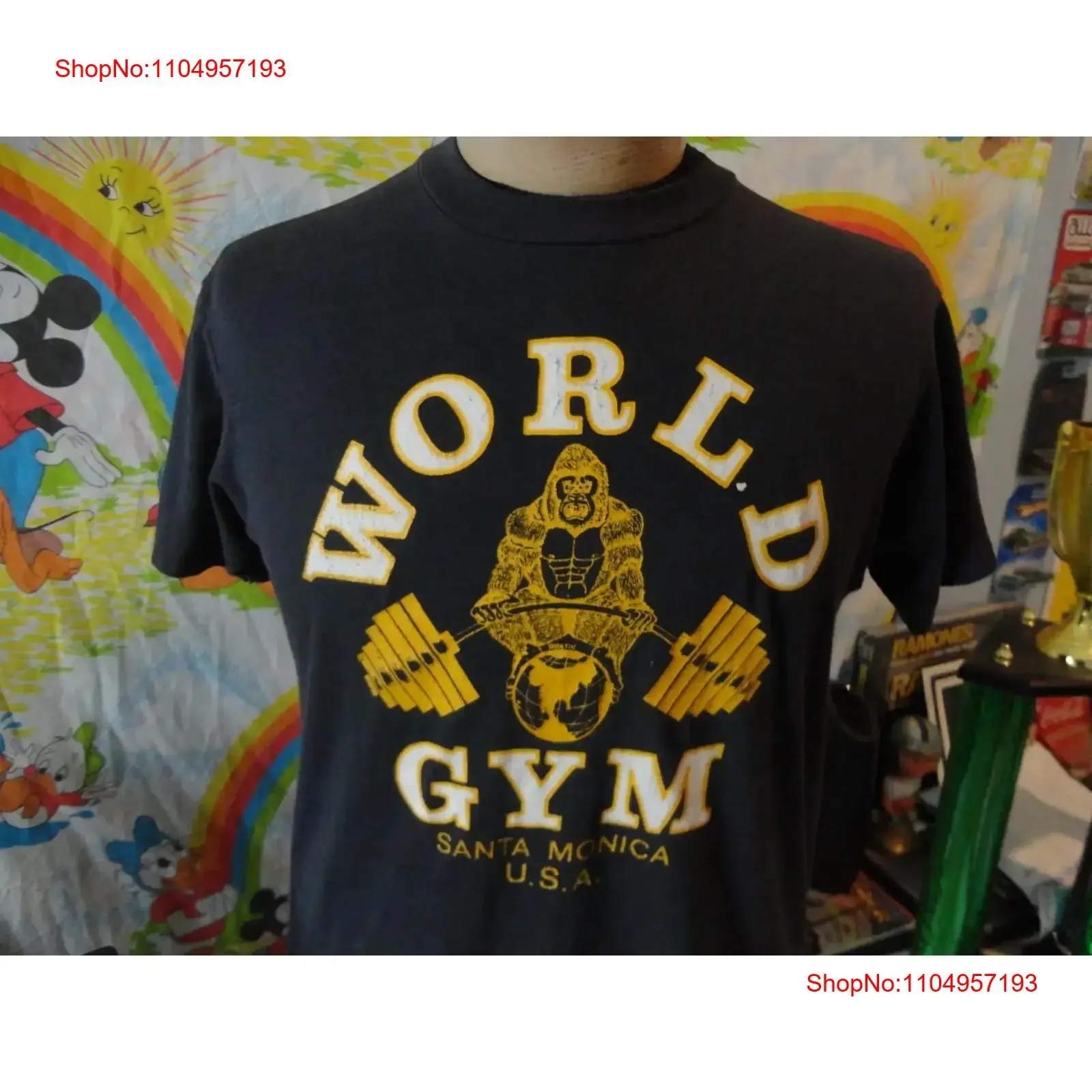 Vintage 80's World Gym Santa Monica Califórnia Bodybuilder Camiseta Preto M vintage lavado streetwear Top para uso diário macio