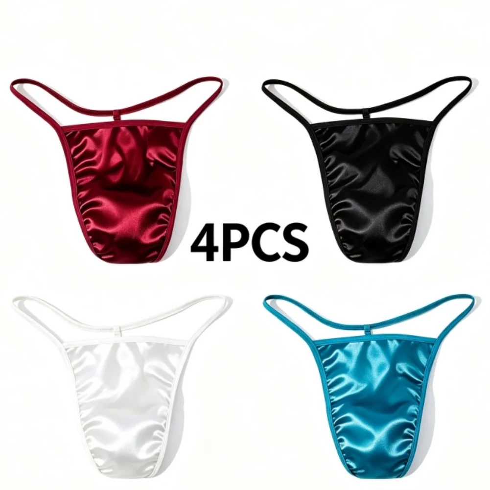 4PCS Satin G-String Single Rope Men Underwear Thongs Solid Color Briefs Satin Thong G-string Pure Cotton Crotch T-back