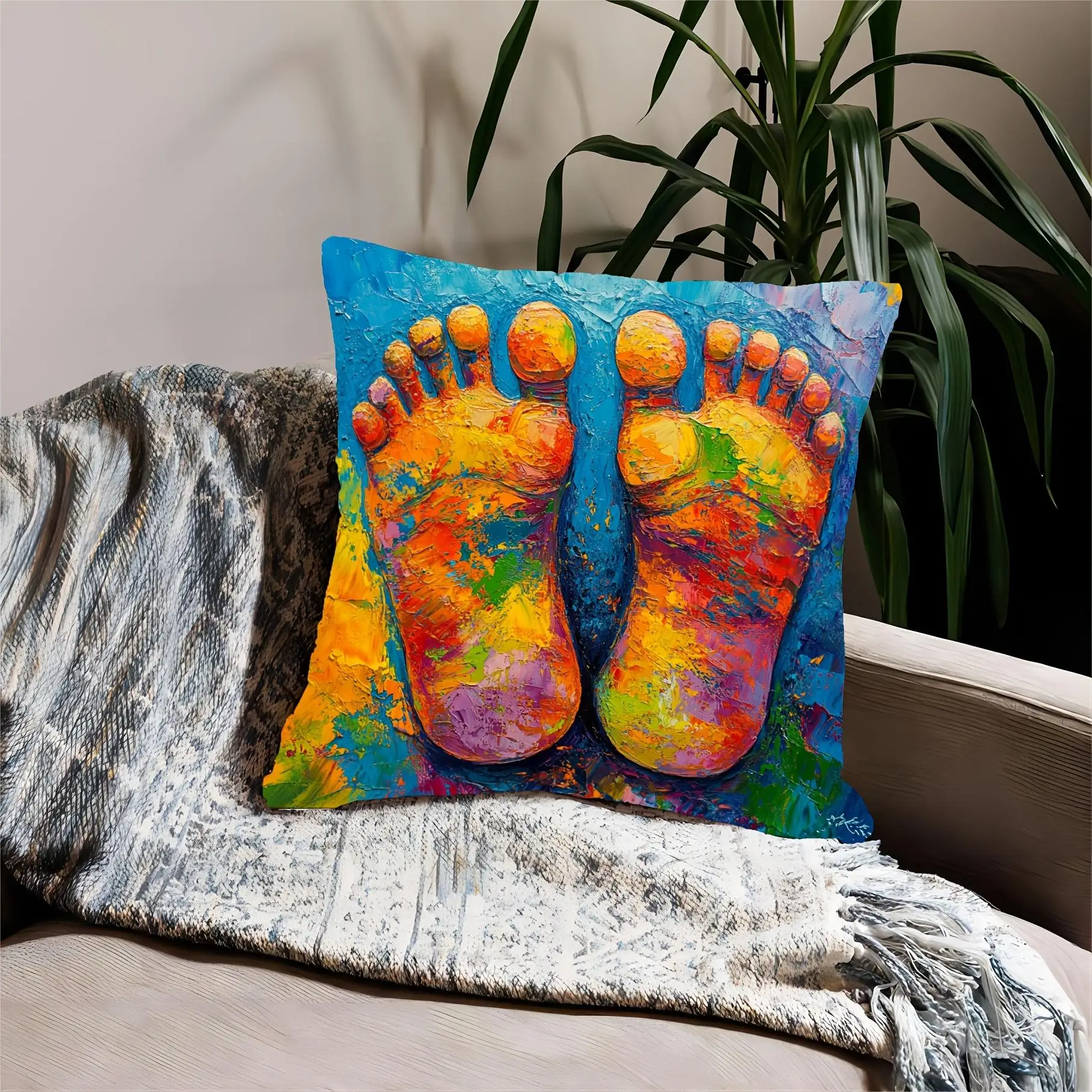 Vibrant Pair Feet Footprints Pillowcase Throw Cushion Cover Boho Abstract Pop Art Design Home Decor 40x40cm