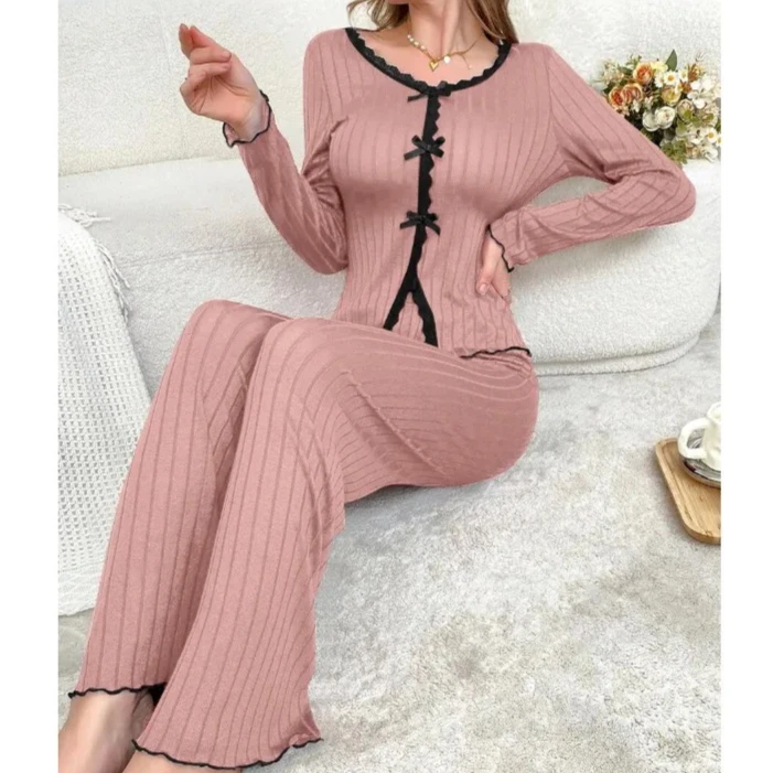 

autumn and winter pajamas set women's lace long-sleeved trousers pyjamas two-piece set sleepwear casual solid loungewear women