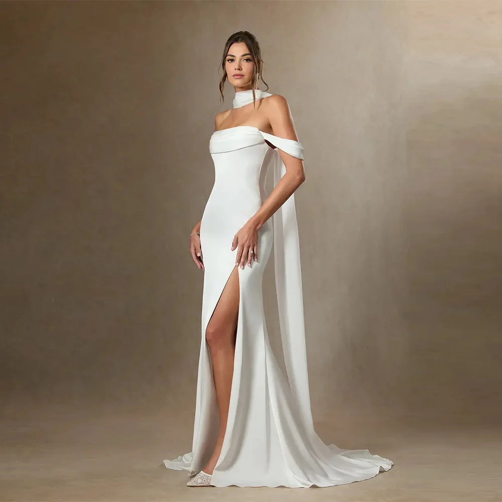 Customized Off Shoulder Wedding Dresses Attractiv A-Line Floor Length Pretty White Satin Side Slit Bride Gowns Party Women Bride