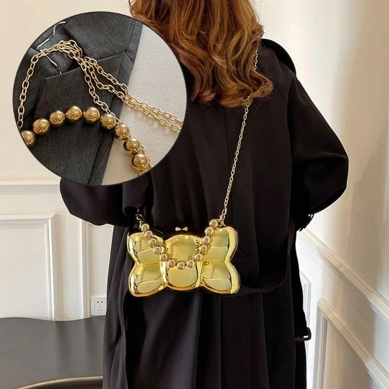 

652F Stylish Metallic Handbag With Butterfly Detail Practical Acrylic Shoulder Crossbody Purse For Fashion Enthusiasts