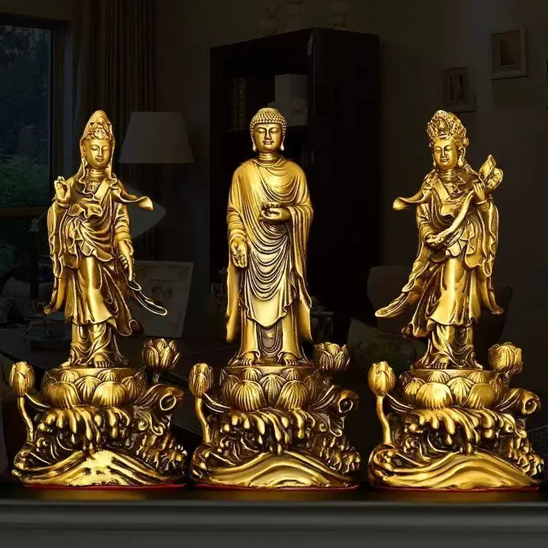 High Quality Buddha Copper Western Three Saints Amitabha Bodhisattva Guanyin Home Pray for Blessings Statue