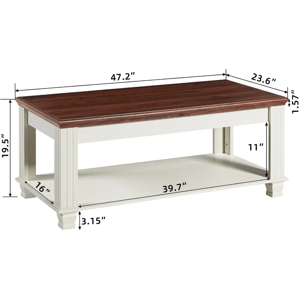 Farmhouse Coffee Tables for Living Room,Square Tea Table with Open Storage Shelf,Large Coffee Table,Rustic Wooden Center Table,W